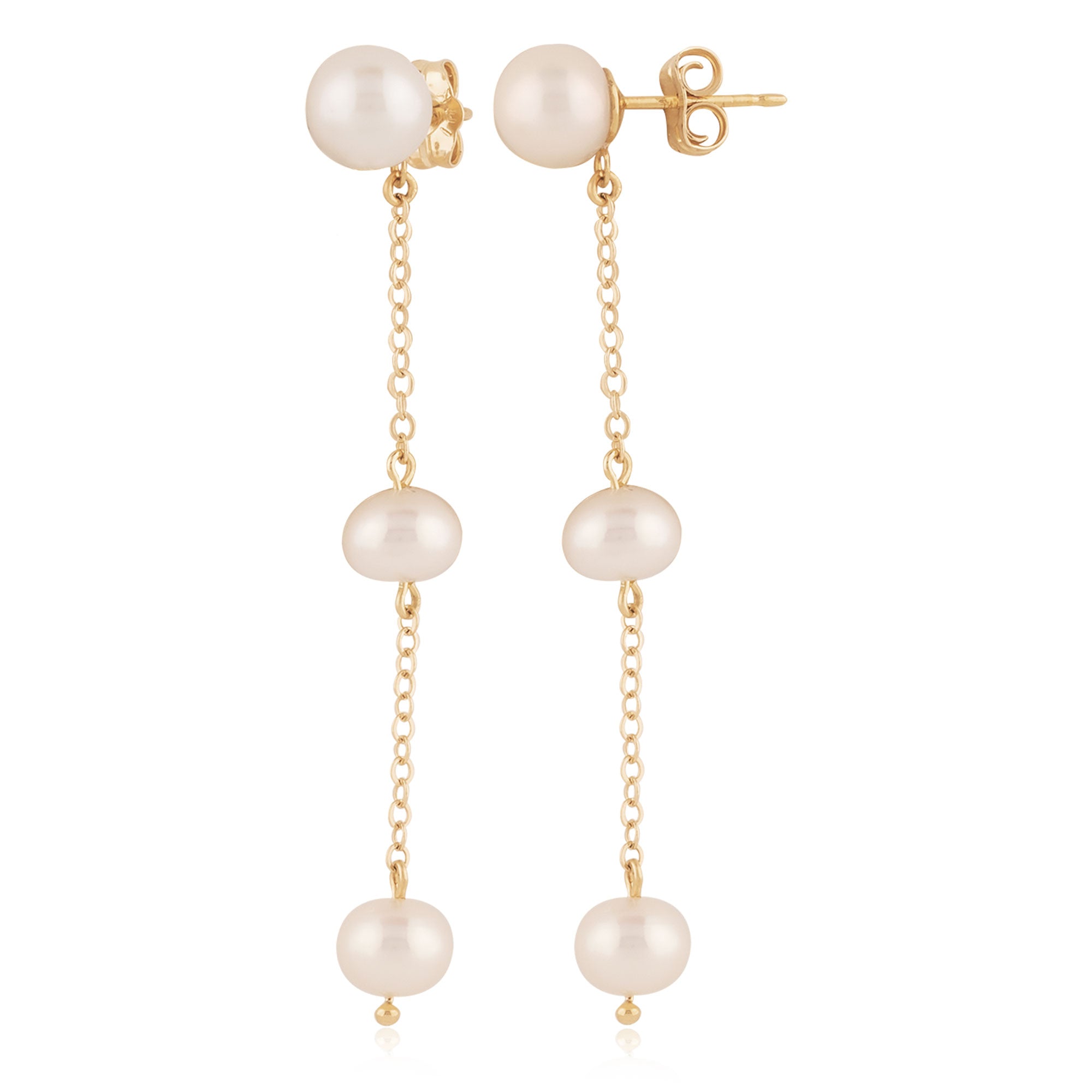 14K Yellow Gold Freshwater Pearl Three Station Drop Earrings