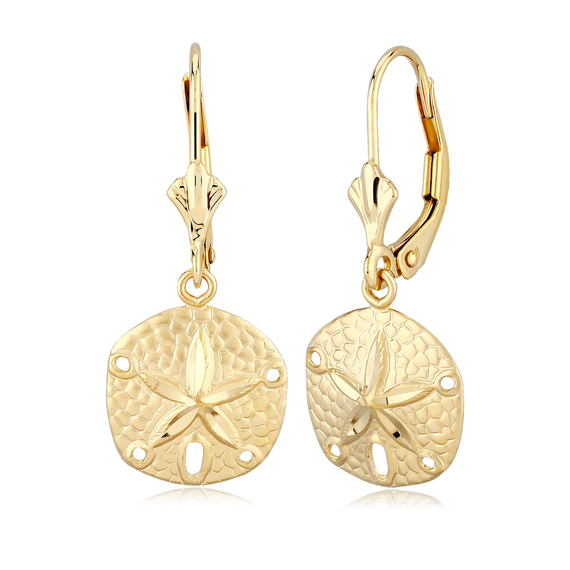 14K Yellow Gold Sand Dollar Dangle Lever Back Dangle Earrings