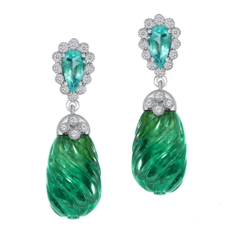 20.77cts Carved Zambian Emerald and 0.71cts Tourmaline Earrings