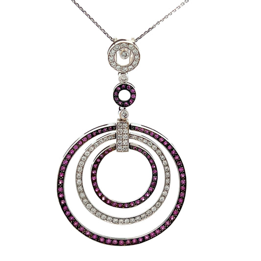 18K White Gold Pink Sapphire and Diamond Circle Necklace and Matching Earrings Set.