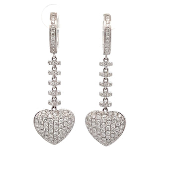 18K White Gold Huggie Hoop With Diamond Dangle Heart Earrings 2 Carats Total Weight