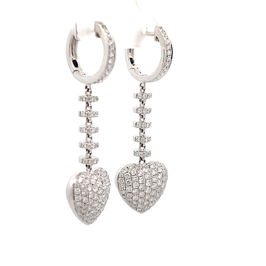 18K White Gold Huggie Hoop With Diamond Dangle Heart Earrings 2 Carats Total Weight