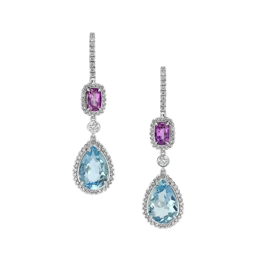 18K White Gold Aquamarine and Pink Sapphire diamond earrings