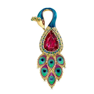 18K Yellow Gold Untreated Rubellite Peacock Pendant (10.42ct)