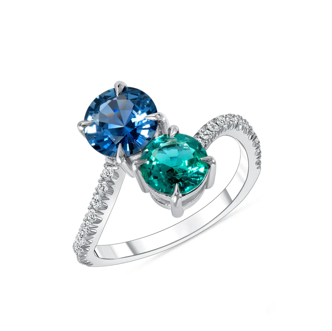 18K White Gold Sapphire and Emerald Toi et Moi Ring (1.31ct Sapphire/0.90ct Emerald)